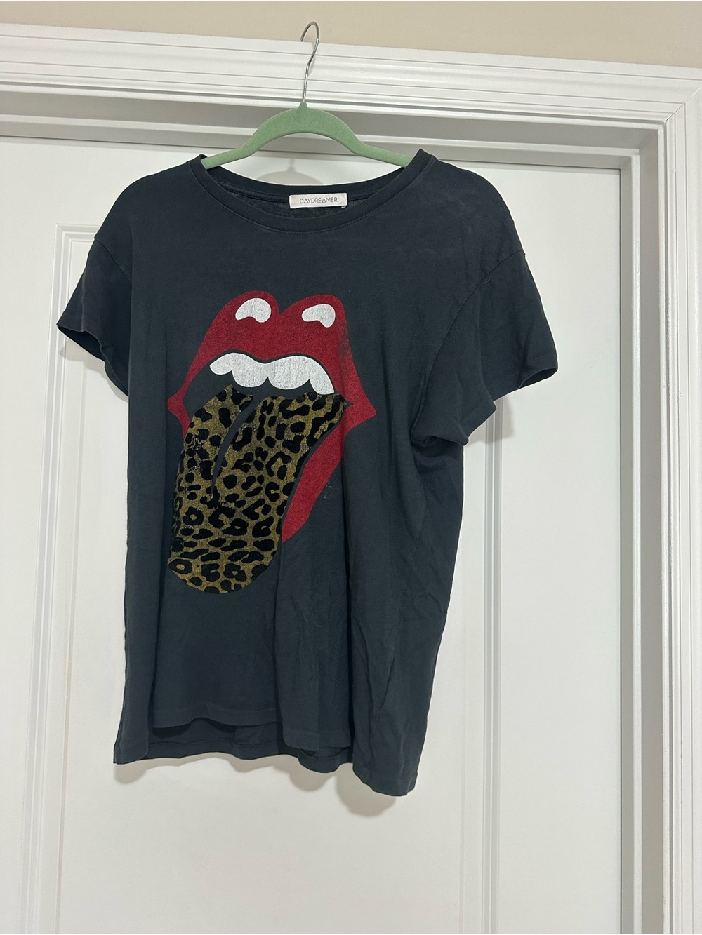 Daydreamer Black Graphic Tee with Red Lips & Leopard Print Tongue